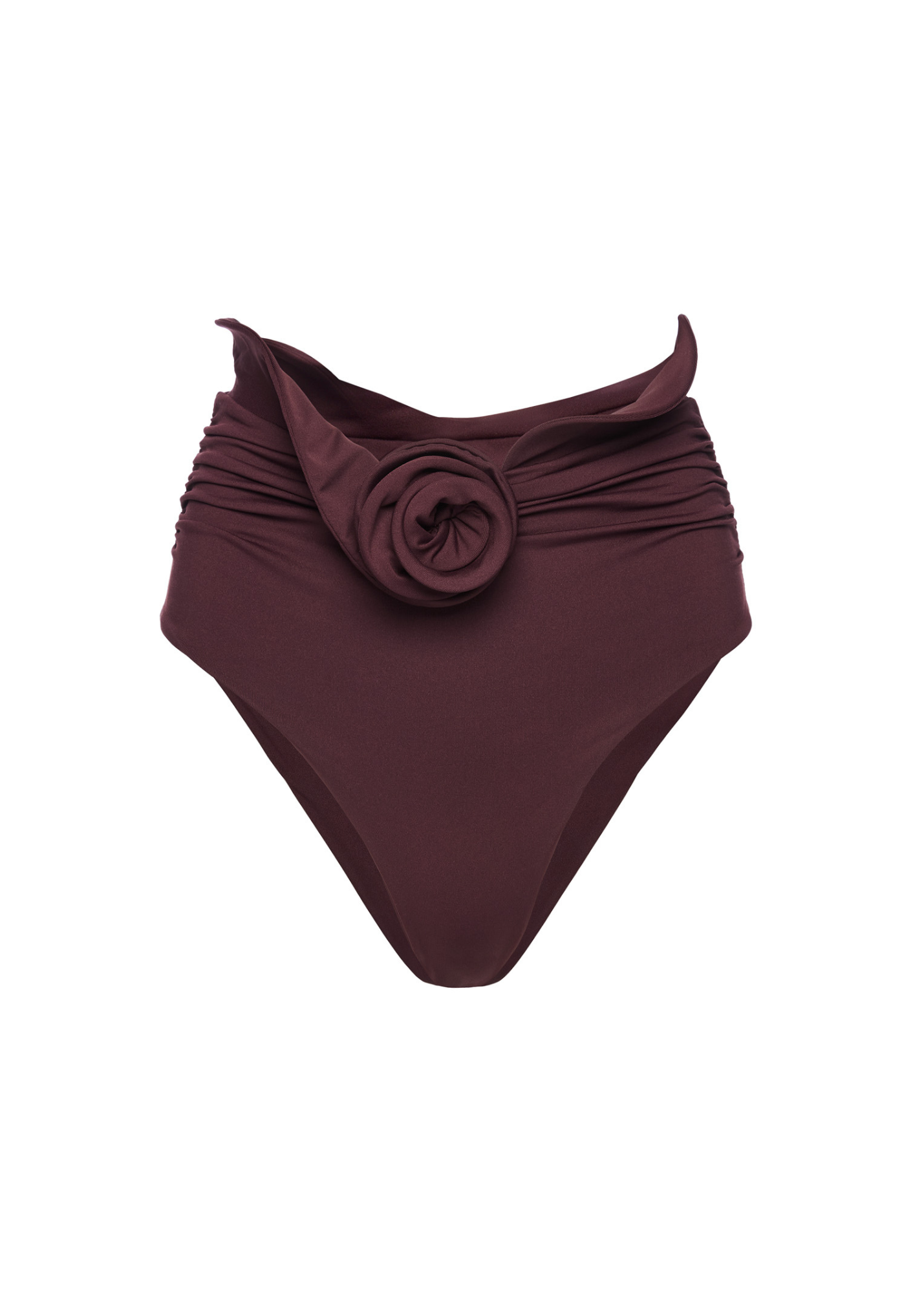 Maroon swimsuit with a ruched design on a white background