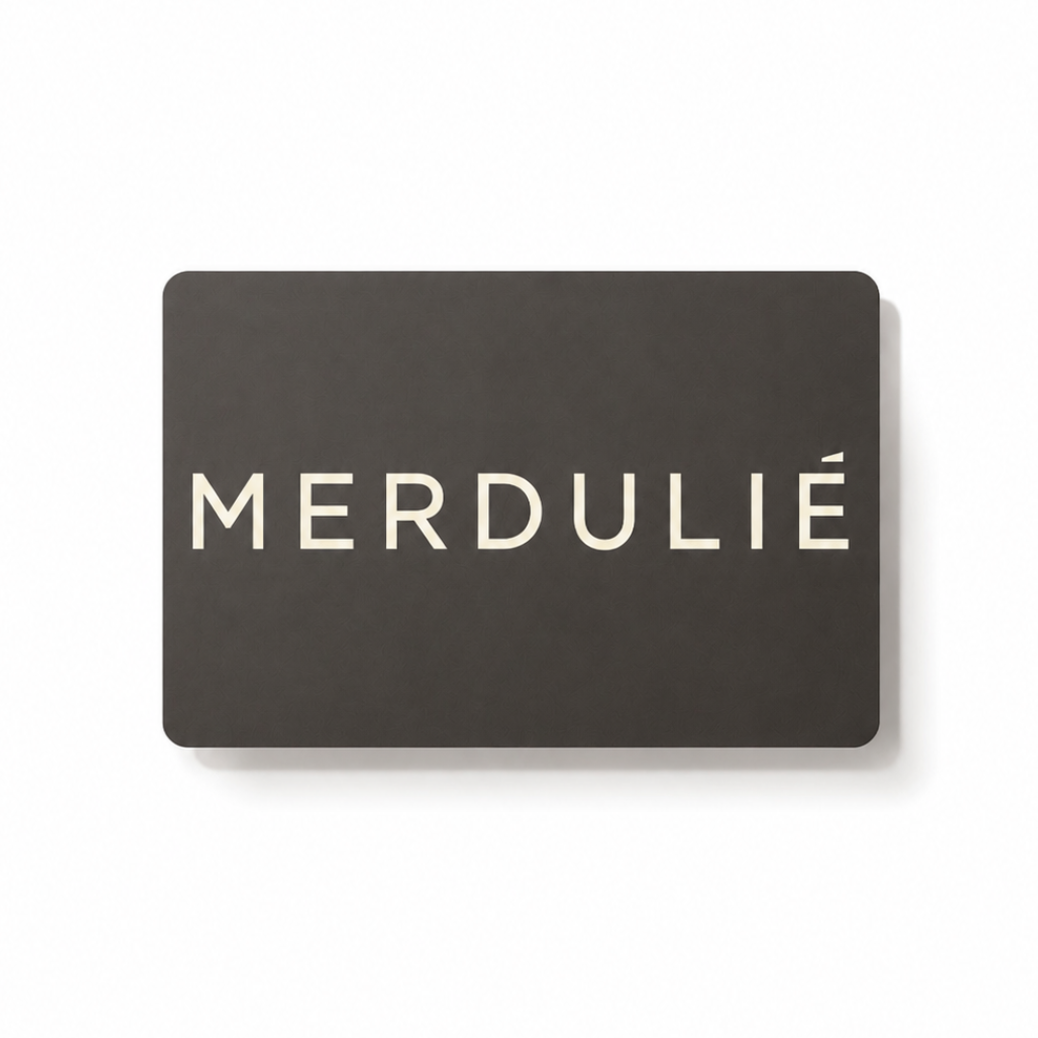 Black rectangular card with 'MERDULIE' branding on a white background