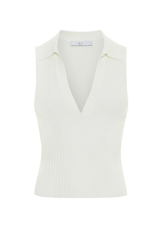 White sleeveless top with a V-neck on a white background