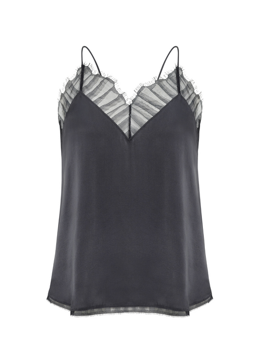 Grey satin camisole with lace trim on a white background