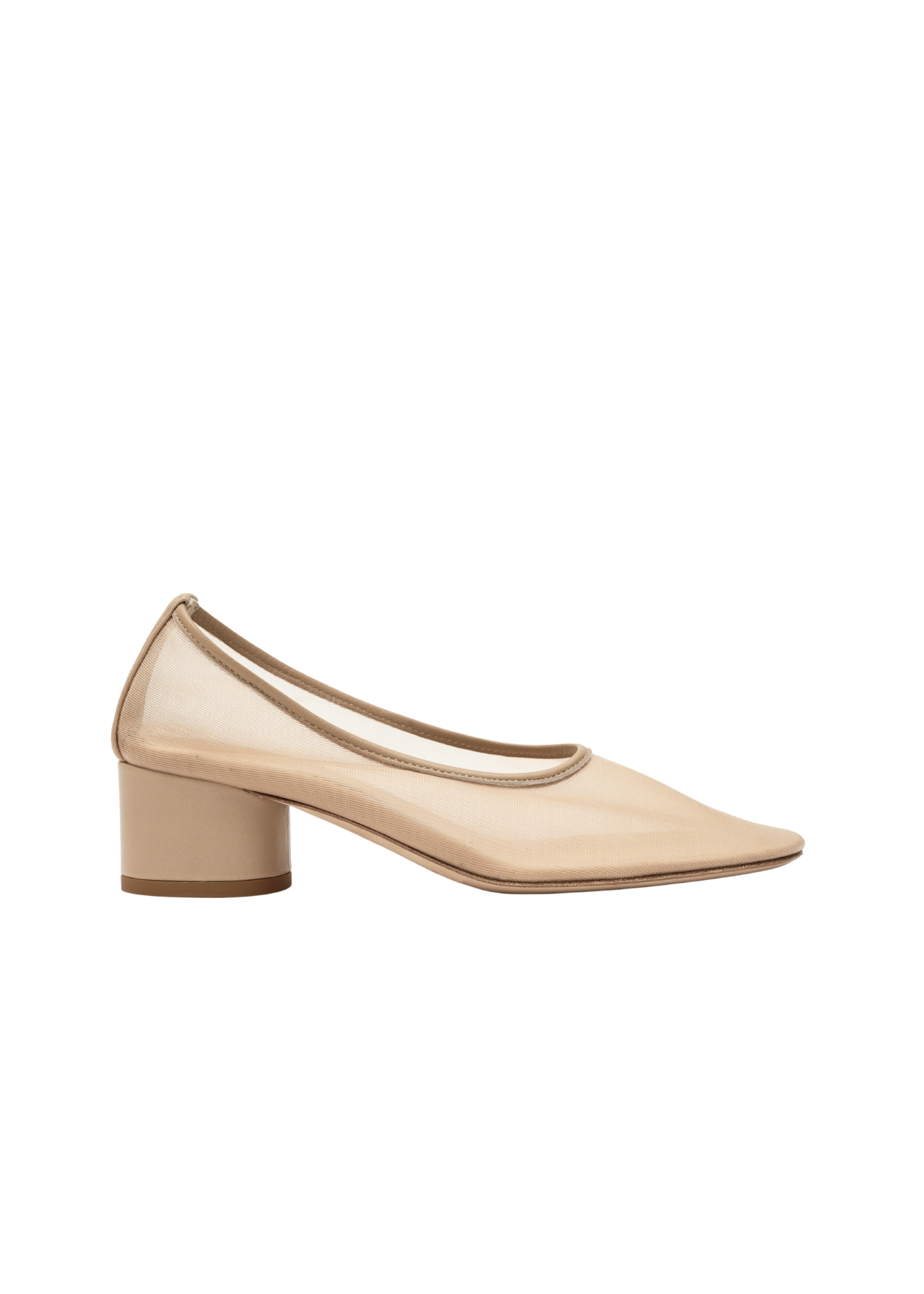 Beige shoe with transparent mesh design on a white background
