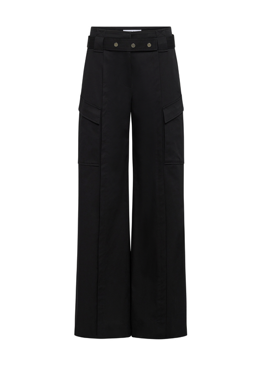 Black wide-leg pants with button details on a white background