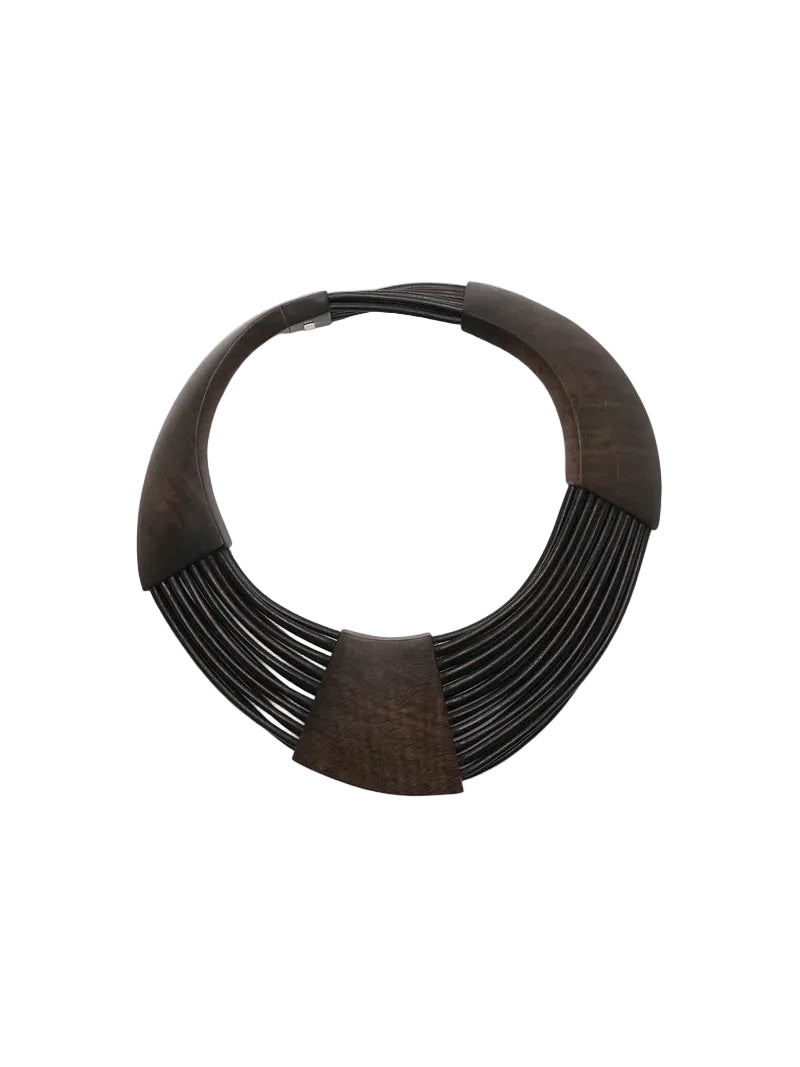 Brown leather choker necklace on a white background