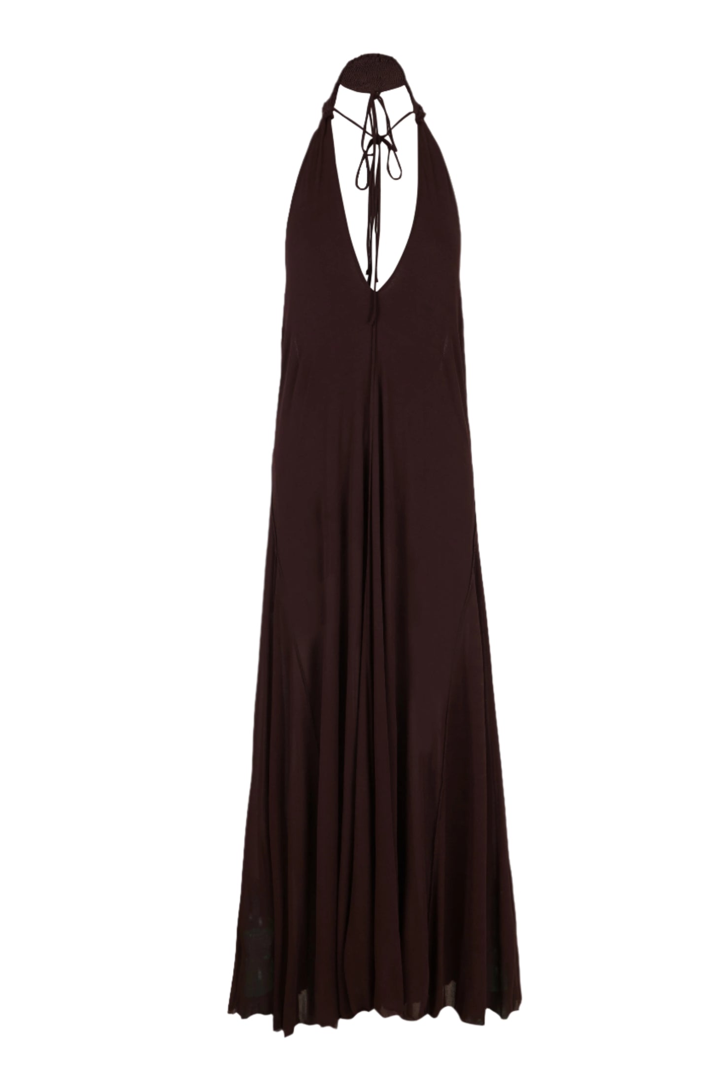 Long brown dress with a halter neck on a white background