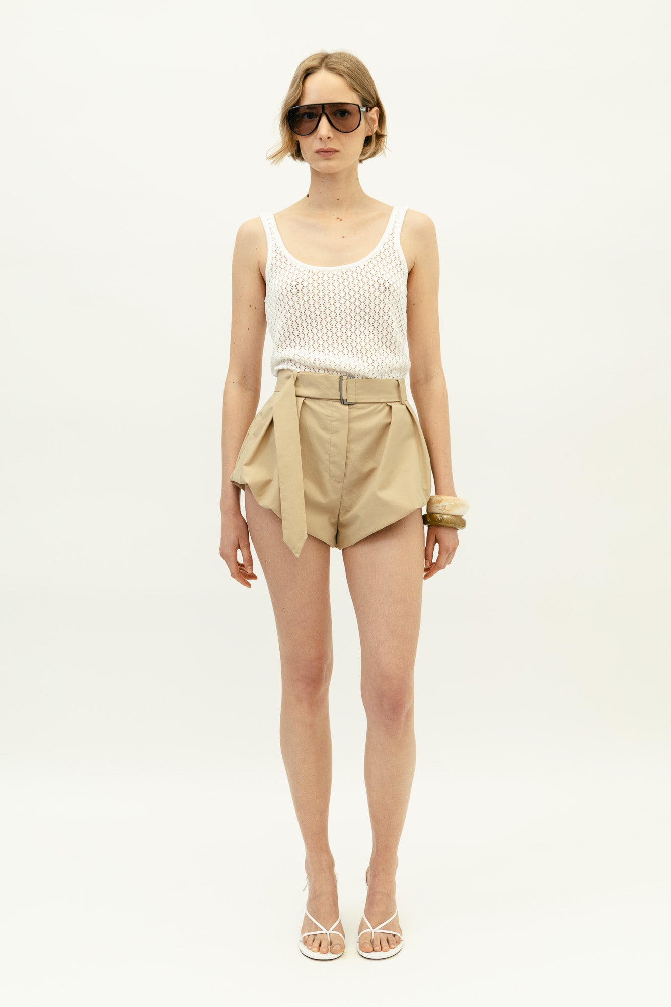 Flared Wool Shorts in Beige