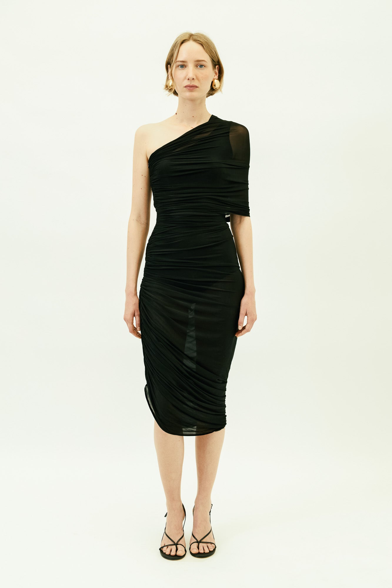 One Shoulder Draped Midi Dress in Black