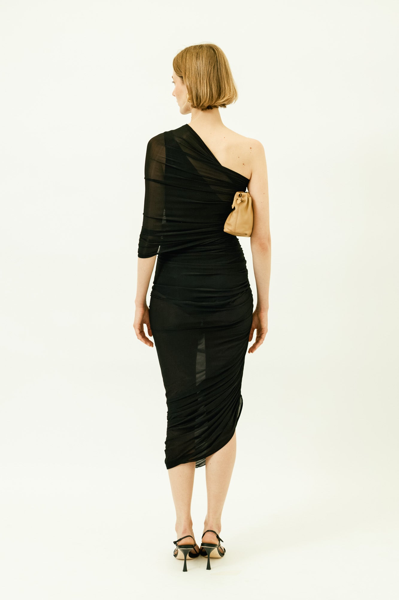 One Shoulder Draped Midi Dress in Black