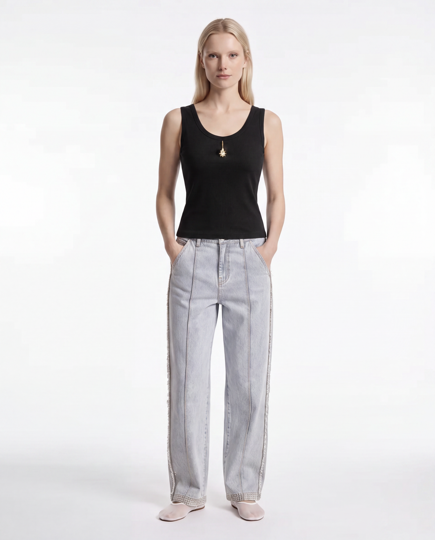 Jacques Wei Raw Edged Straight-Leg Jeans in light gray, view 3