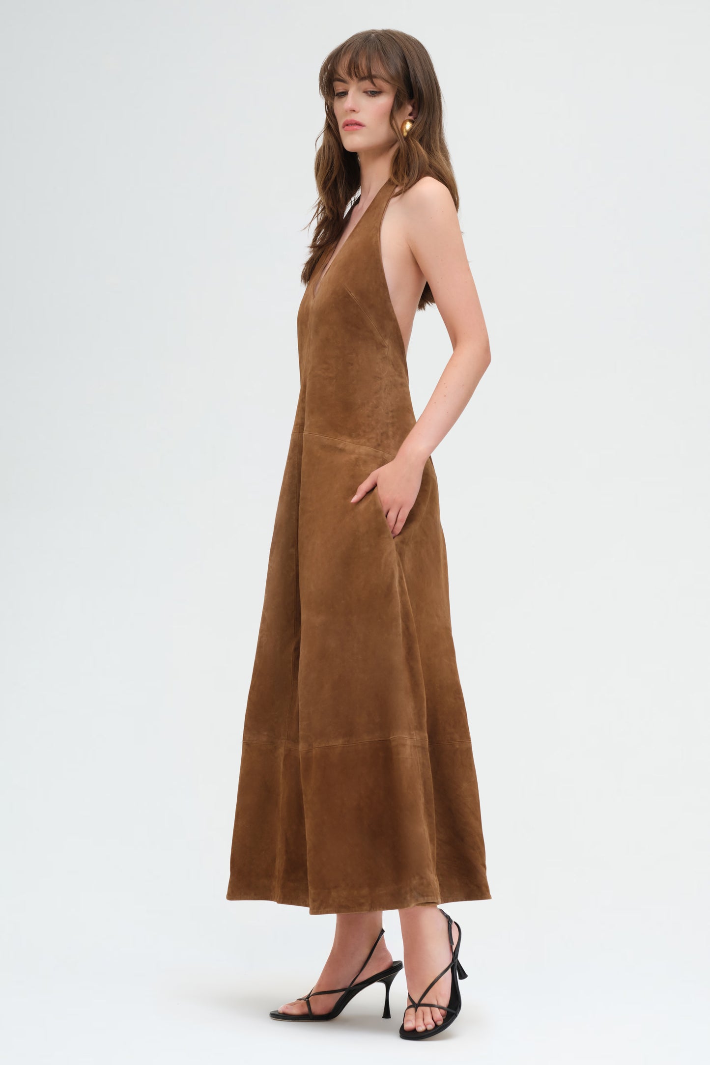 Suede Halter Plunge Dress