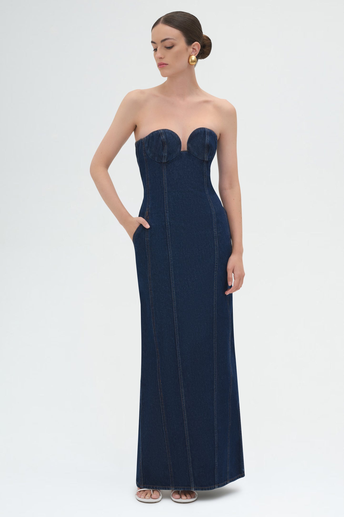 Strapless Denim Bustier Dress in Navy Blue