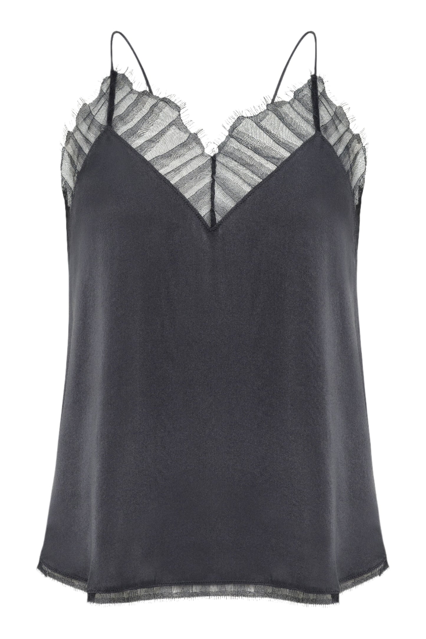 Black satin camisole with lace trim on a white background