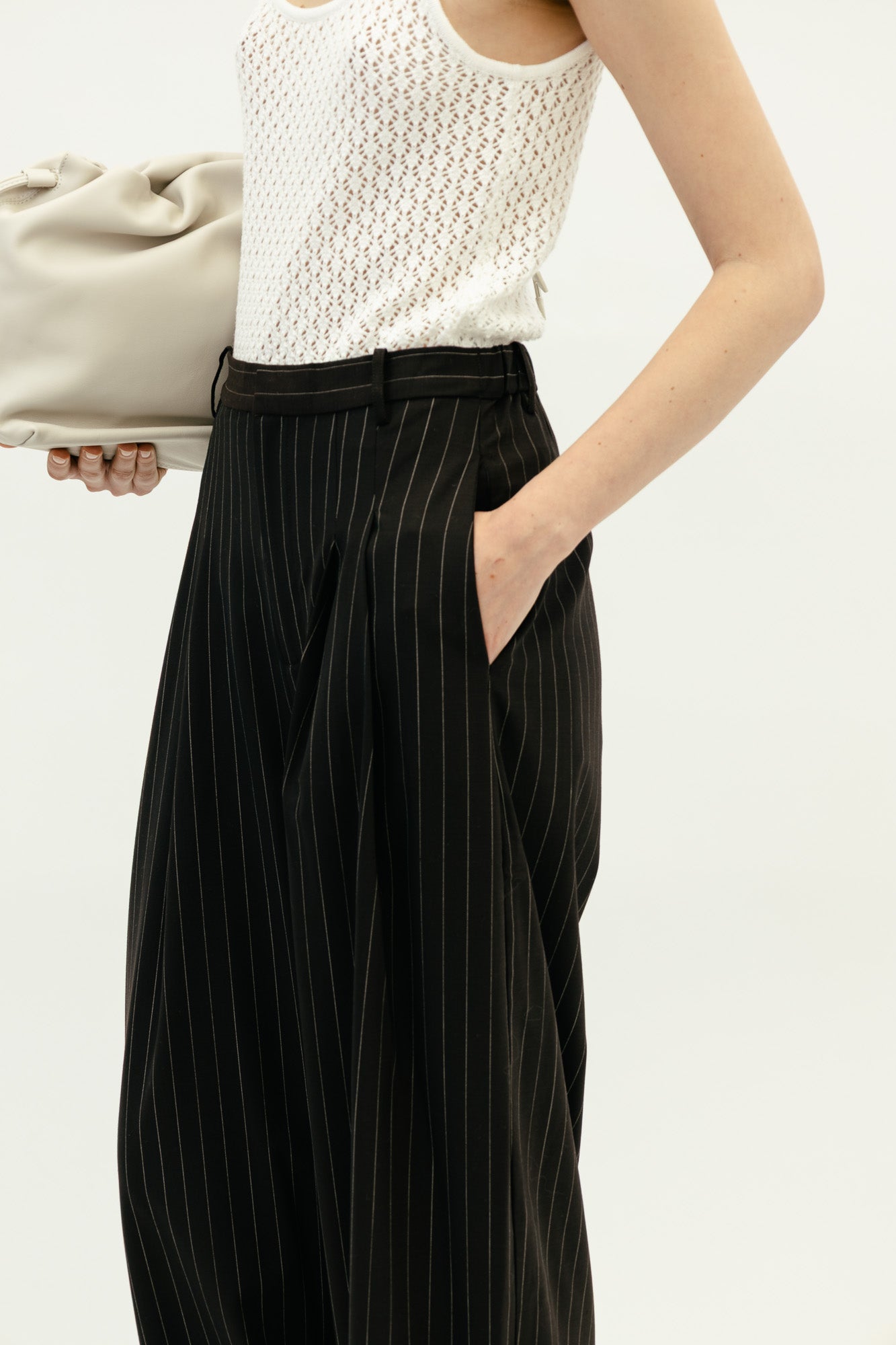 Wool Pinstripe Tapered Pants in Mahogany Stripe
