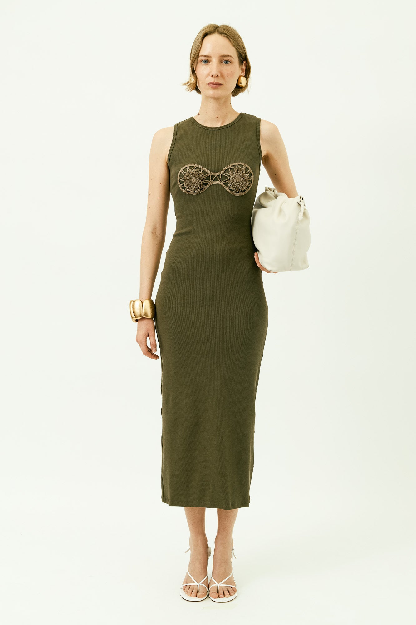 Crochet Bra Cotton Tank Dress in Khaki