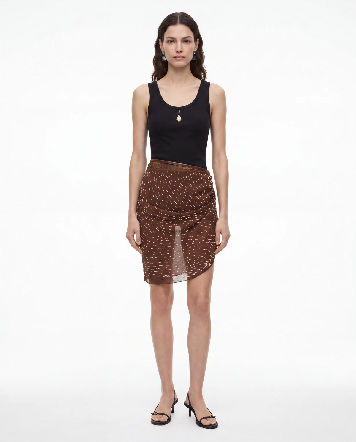Jacques Wei Beaded Lace Paneled Pleated Skirt in brown, view 4