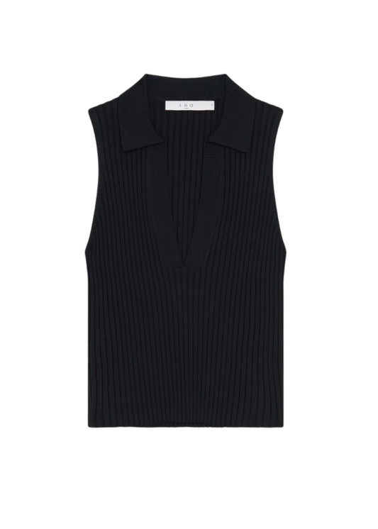 Black sleeveless ribbed knit top on a white background