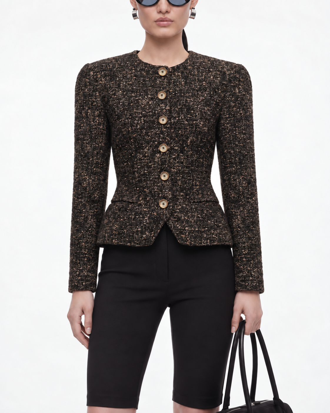 Fitted Bouclé Peplum Blazer in Brown