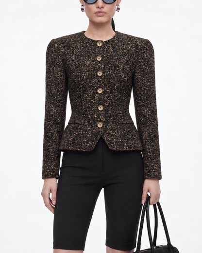 Fitted Bouclé Peplum Blazer in Brown