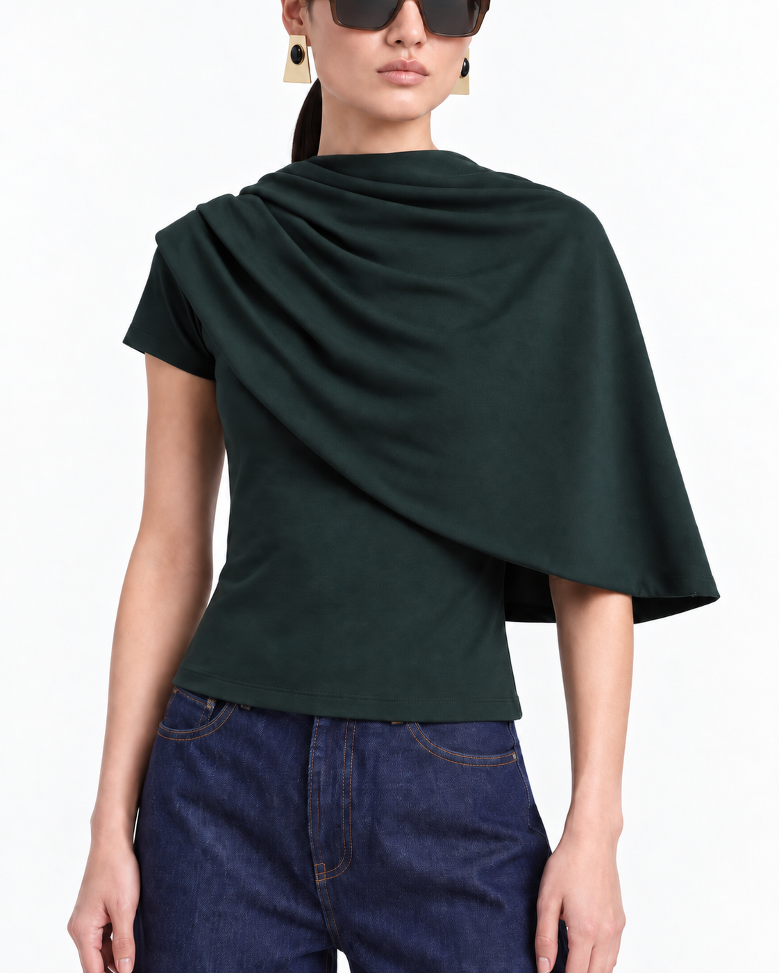 Fitted T-Shirt with Scarf in Dark Green