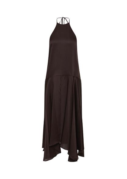 Brown halter neck dress on a white background