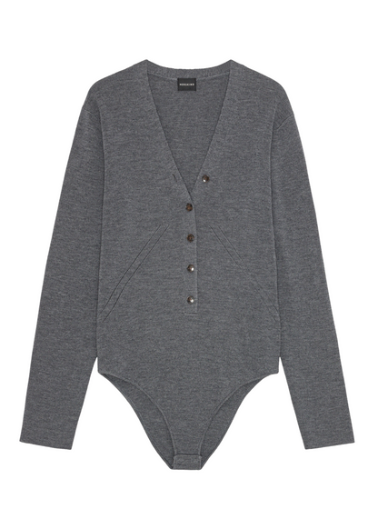 Gray bodysuit with buttons on a white background