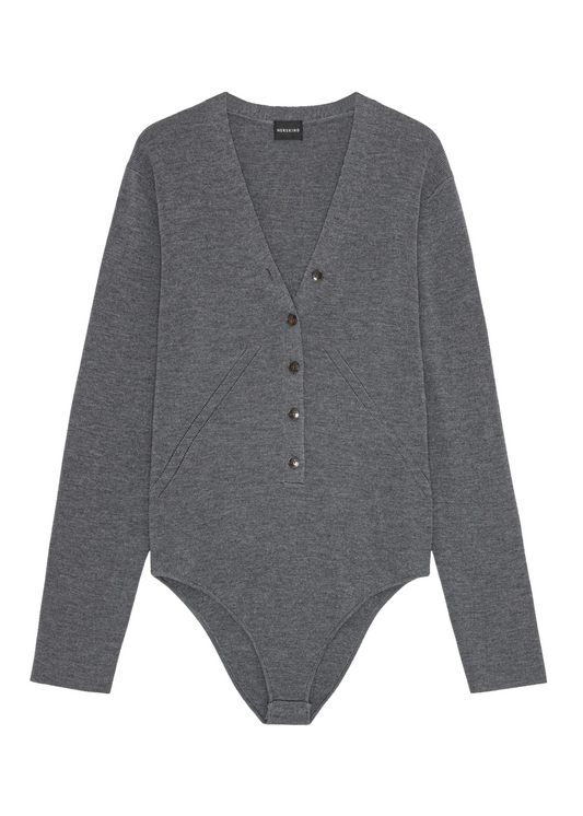 Gray bodysuit with buttons on a white background