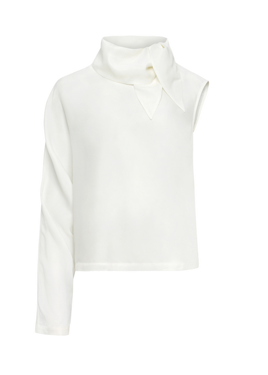 White sleeveless top with a high neckline on a white background