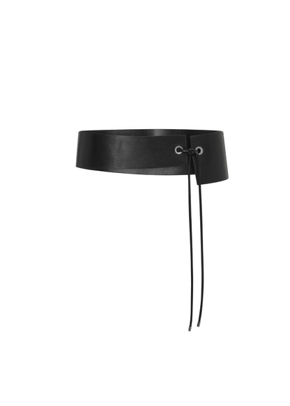Black leather belt with a buckle on a white background