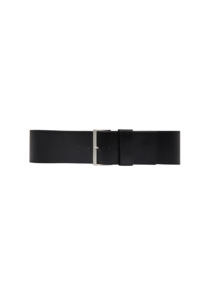 Black belt with a silver buckle on a white background