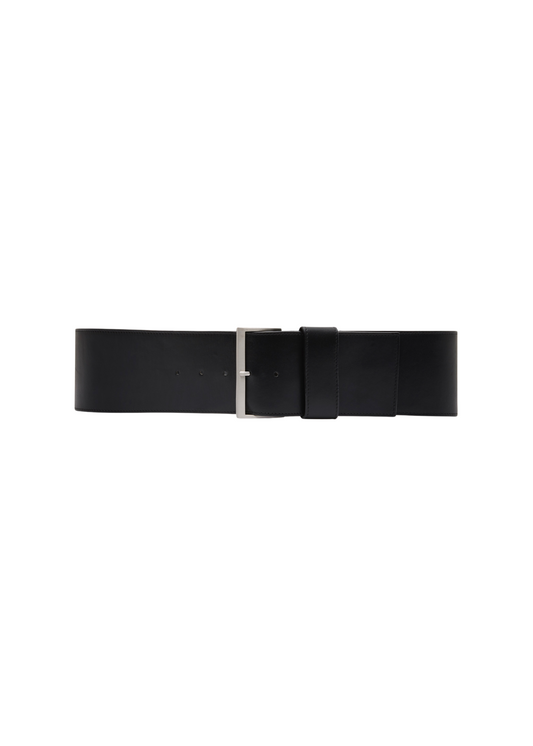 Black belt with a silver buckle on a white background