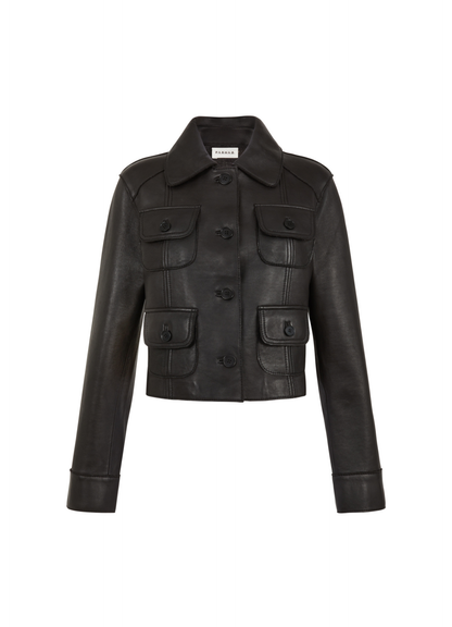 Black leather jacket on a white background