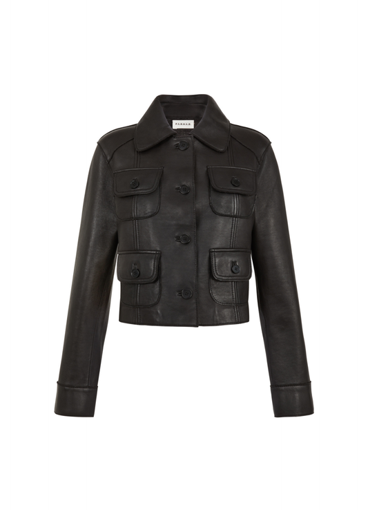 Black leather jacket on a white background