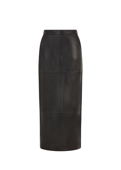 Black leather pencil skirt on a white background
