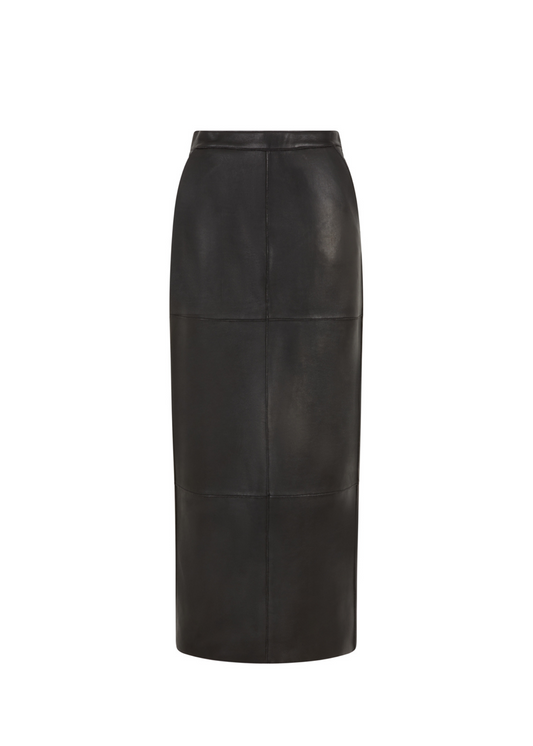 Black leather pencil skirt on a white background