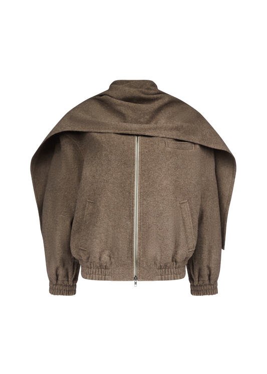 Brown jacket with a unique design on a white background
