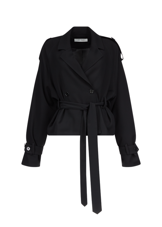 Black jacket with a belt on a white background