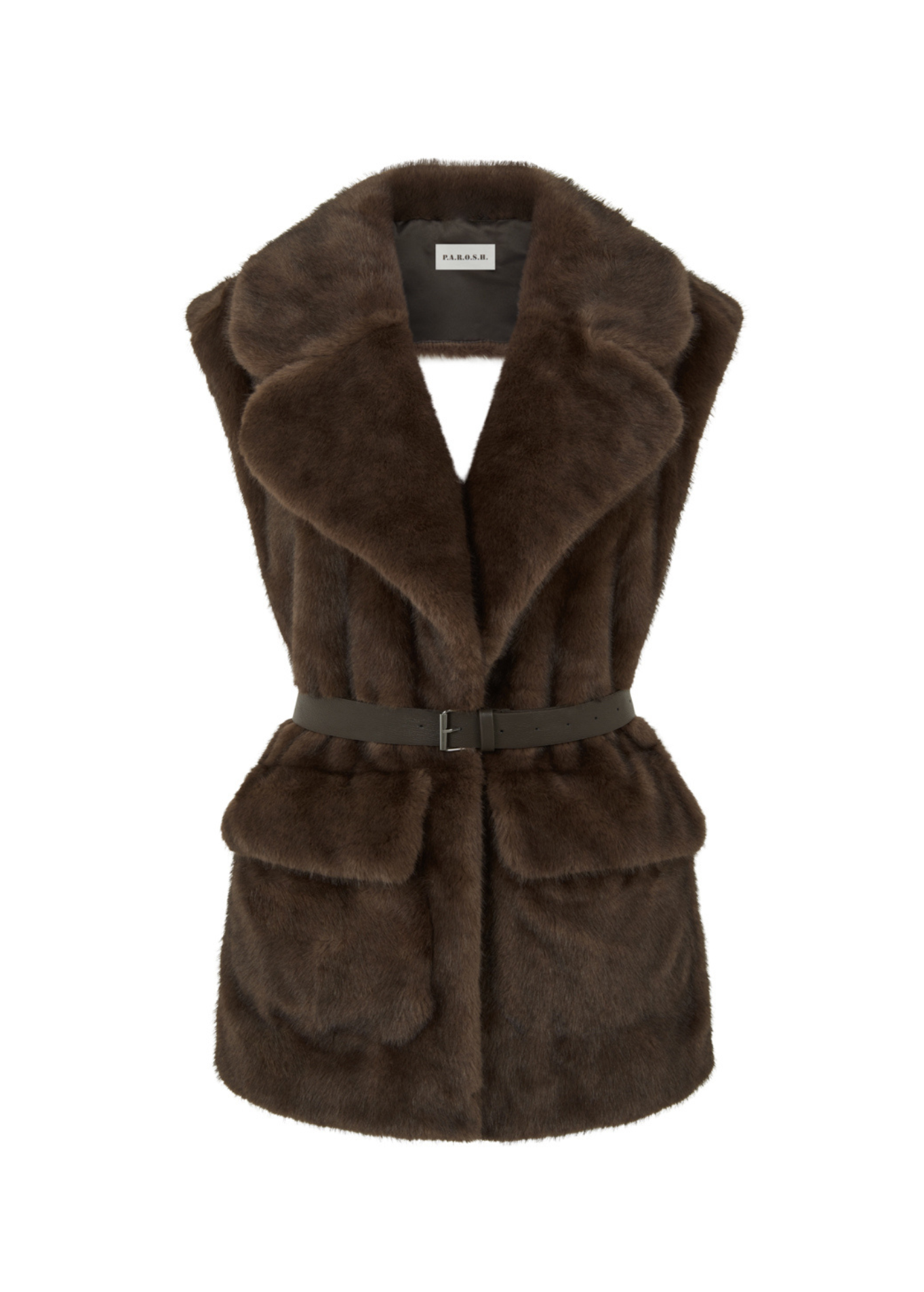 Brown fur vest with a belt on a white background