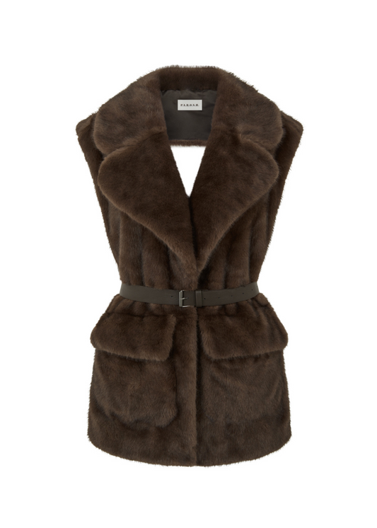 Brown fur vest with a belt on a white background
