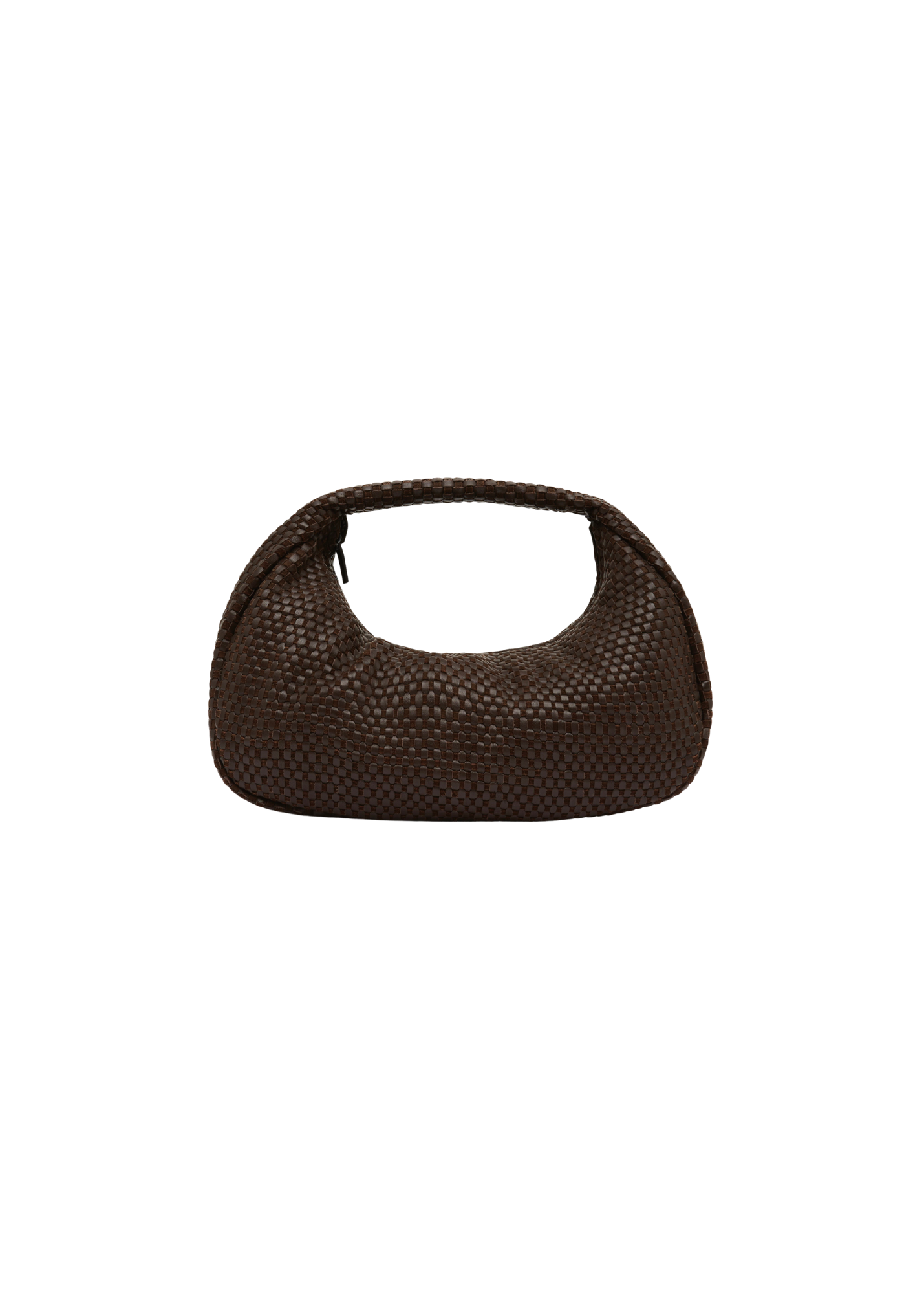 Brown woven handbag on a white background
