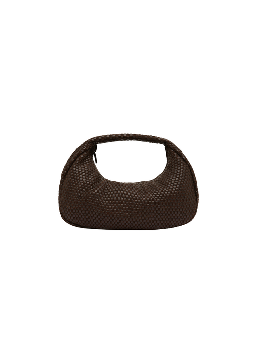 Brown woven handbag on a white background