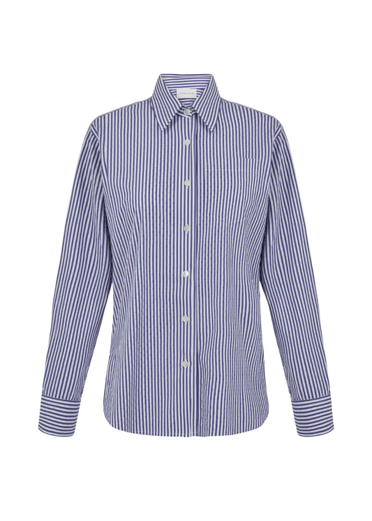 Blue and white striped shirt on a white background