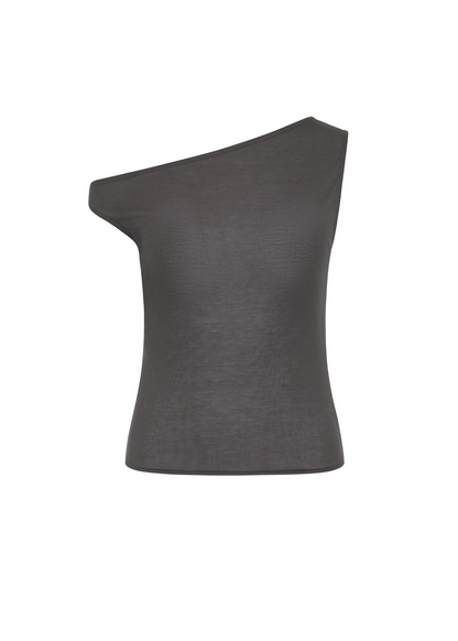 One-shoulder gray top on a white background
