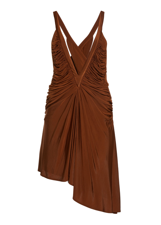 Brown dress with ruched details on a white background
