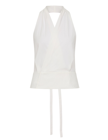 White halter top with a tie detail on a white background