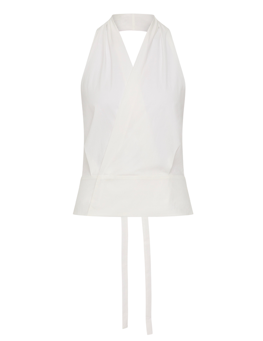 White halter top with a tie detail on a white background
