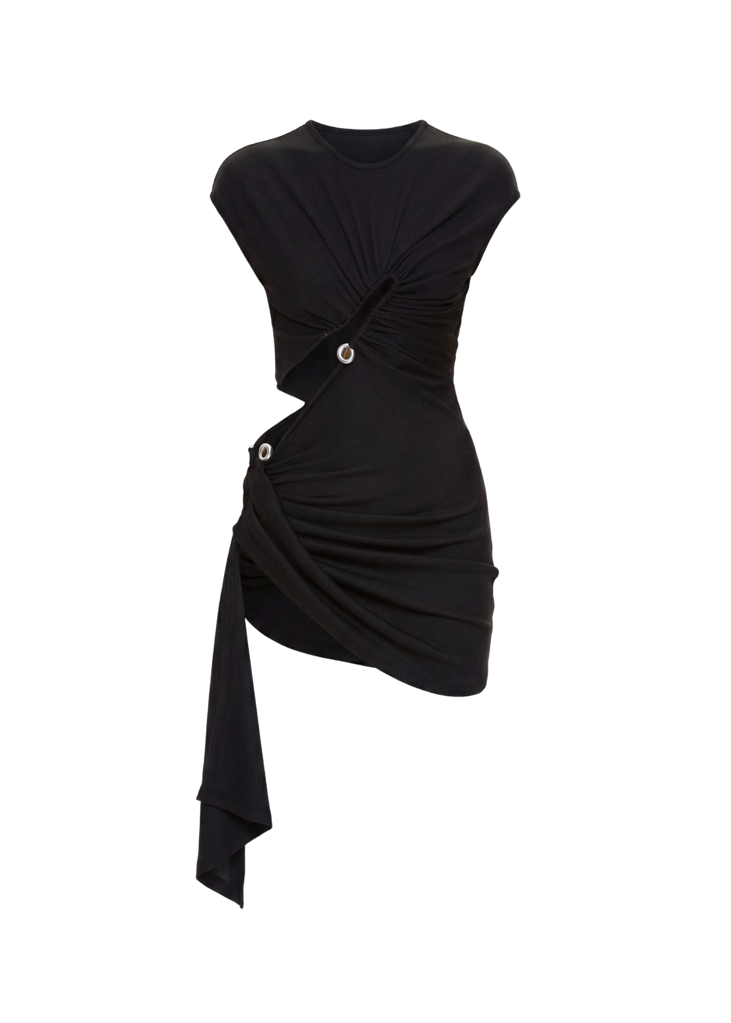 A black asymmetrical draped mini dress with a twisted front detail, cap sleeves, and decorative metallic buttons, shown on a plain white background.