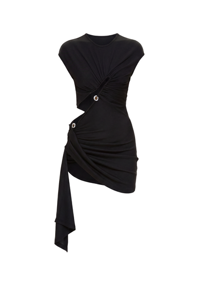 A black asymmetrical draped mini dress with a twisted front detail, cap sleeves, and decorative metallic buttons, shown on a plain white background.