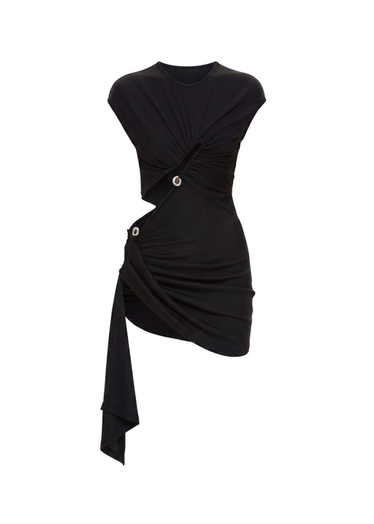 A black asymmetrical draped mini dress with a twisted front detail, cap sleeves, and decorative metallic buttons, shown on a plain white background.