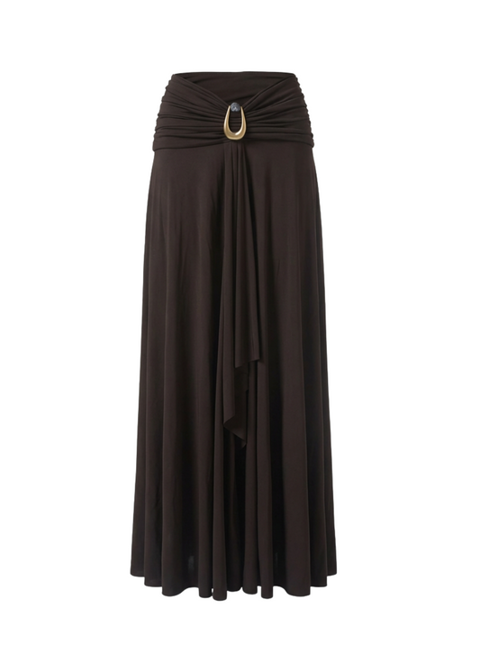 Black maxi skirt with a gold belt on a white background