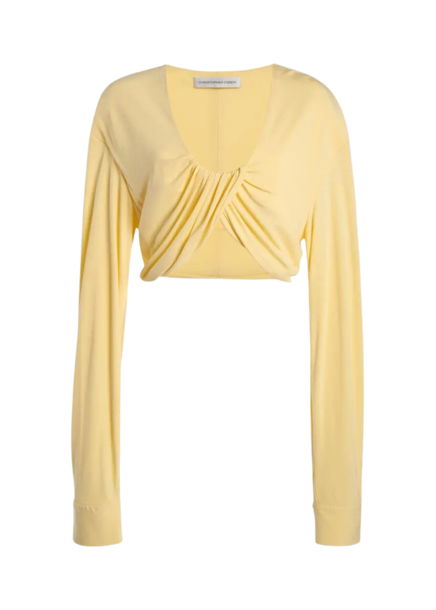 Yellow long-sleeve top with a draped design on a white background