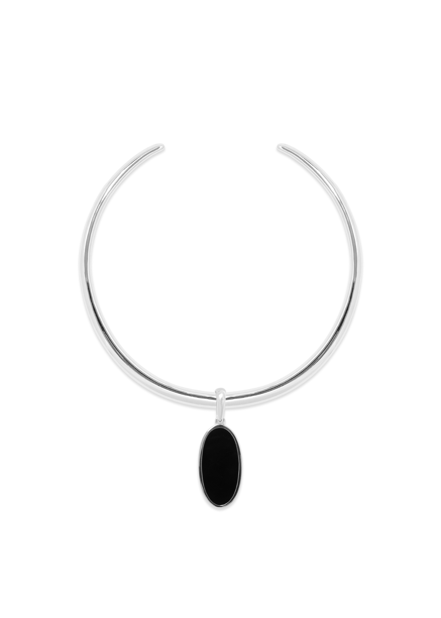 A minimalist silver-toned metal cuff bracelet with a small, vertically oriented oval black stone pendant, shown against a plain white background.